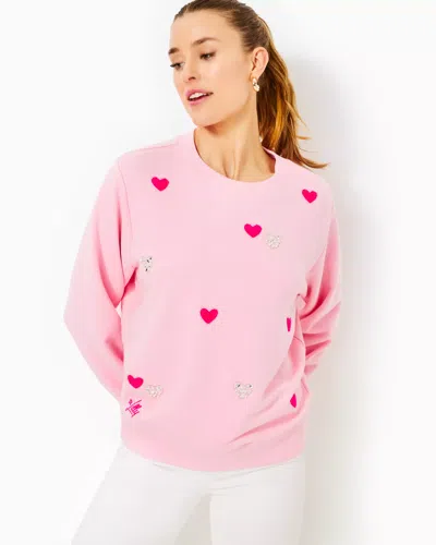 Lilly Pulitzer Ballad Cotton Sweatshirt In Conch Shell Pink Hearts Embellishment