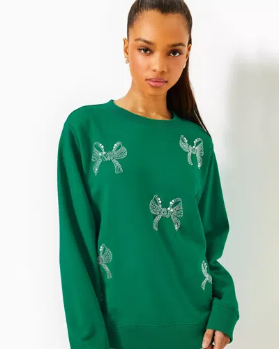 Lilly Pulitzer Ballad Cotton Sweatshirt In Fiddle Leaf Green Bow Embellishment
