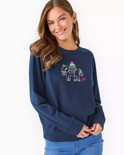 Lilly Pulitzer Ballad Cotton Sweatshirt In Low Tide Navy Holiday Elephant Embroidery