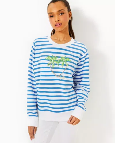 Lilly Pulitzer Ballad Sweatshirt In Blue Stream Stripe Twin Palms Embellishment