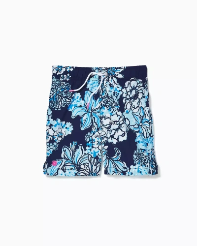 Lilly Pulitzer Boys Junior Capri Swim Trunks In Low Tide Navy Bouquet All Day