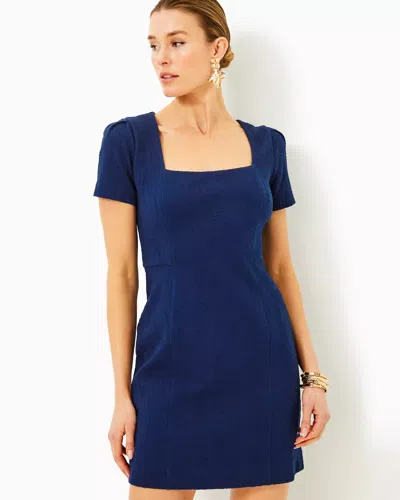 Lilly Pulitzer Brinley Stretch Shift Dress In Low Tide Navy Wavy Knit Jacquard