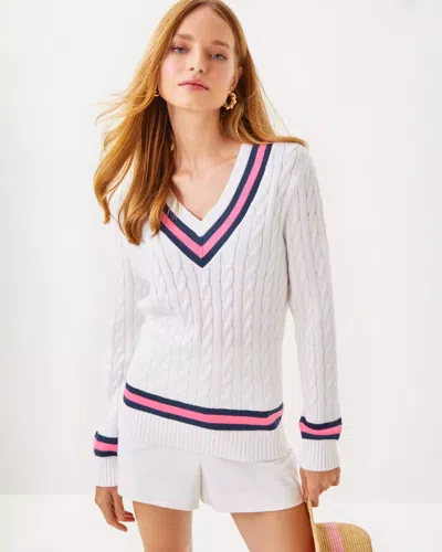 Lilly Pulitzer Brockton Cotton Sweater In Resort White X Rousseau Pink Tipping