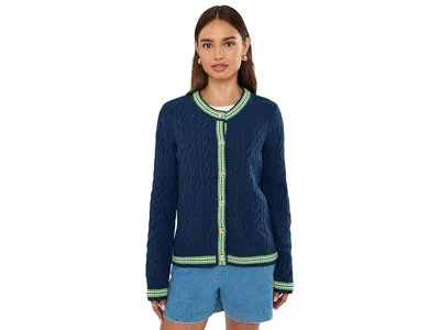 Lilly Pulitzer Brockton Crew Neck Cardigan Women's Sweater Low Tide Navy X Chateau Green Tipping: Md, Cotton In Blue