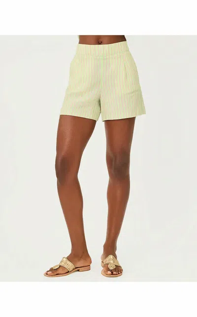 Lilly Pulitzer Captina Linen Shorts In Pistachio Green X Conch Shell Pink Stripe In Multi