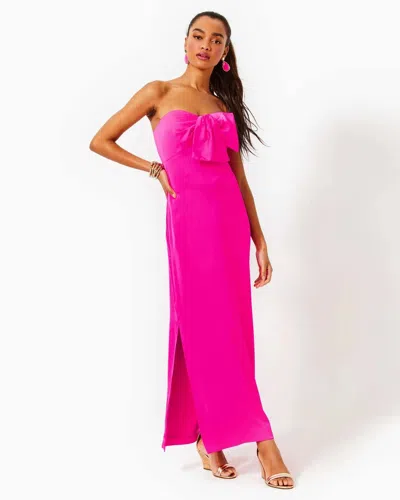 Lilly Pulitzer Carlynn Maxi Dress Women's Satin Bow Detail Side Slit Ddr630 In Pink