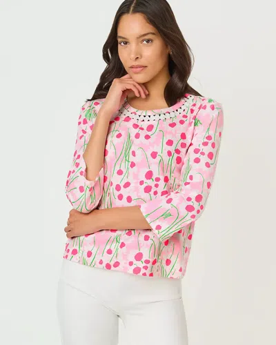 Lilly Pulitzer Clairmont 3/4 Sleeve Lace Trimmed Knit Top In Pink