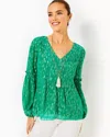 Lilly Pulitzer Cleme Long Sleeve Top In Fiddle Leaf Green Mystical Viscose Metallic Clip