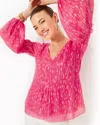 Lilly Pulitzer Cleme Long Sleeve Top In Passion Fruit Pink Mystical Viscose Metallic Clip