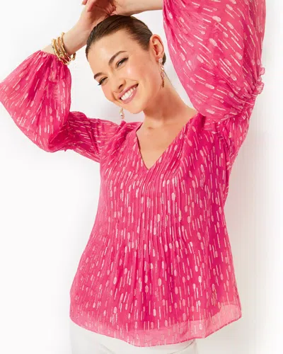 Lilly Pulitzer Cleme Long Sleeve Top In Passion Fruit Pink Mystical Viscose Metallic Clip
