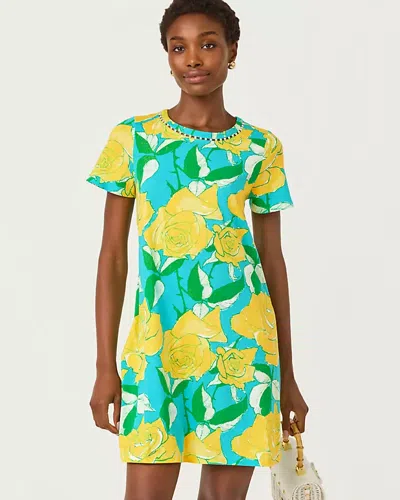 Lilly Pulitzer Cody Short Sleeve Dress In Blue Curacao Rose Bud In Yellow