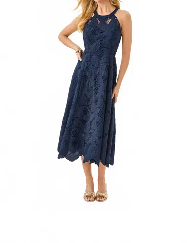 Lilly Pulitzer Denise Lace Midi Dress In Low Tide Navy Scalloped Lace In Blue