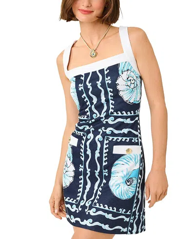 Lilly Pulitzer Duffy Shift Dress In Low Tide Navy Shell Shine Engineered Knit In Blue