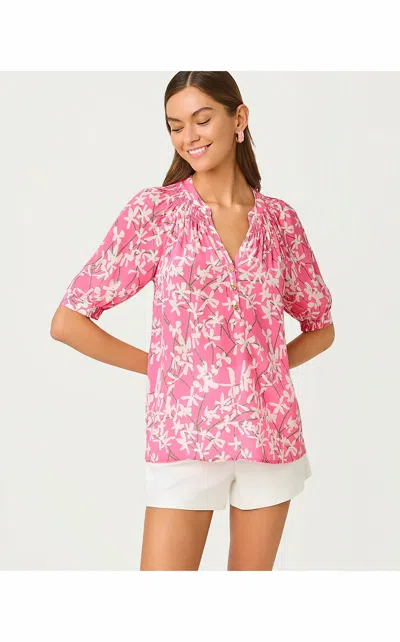 Lilly Pulitzer Elsa Short Sleeve Silk Top In Confetti Pink Liza In Multi