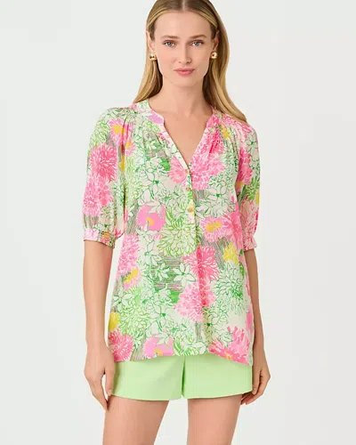 Lilly Pulitzer Elsa Short Sleeve Silk Top In Resort White Mum Patch In Multi