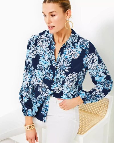 Lilly Pulitzer Farren Silk Top In Low Tide Navy Bouquet All Day
