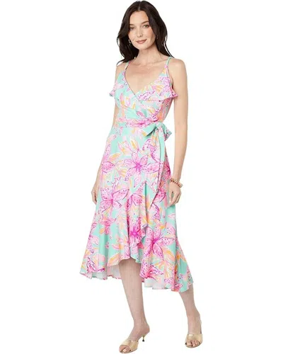 Lilly Pulitzer Fontaine Wrap Dress Women's Blue Floral Tie Waist Ups628