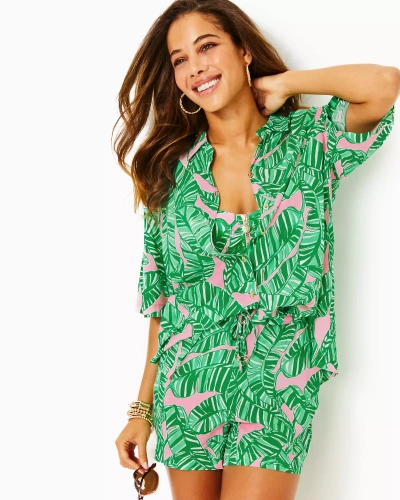 Lilly Pulitzer Franki Cover-up Shirt In Conch Shell Pink Lets Go Bananas