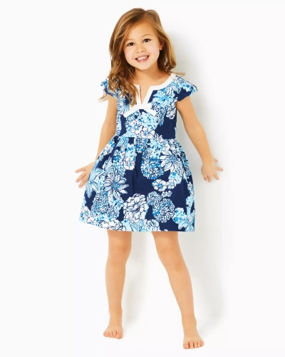 Lilly Pulitzer Girls Lousie Dress In Low Tide Navy Bouquet All Day