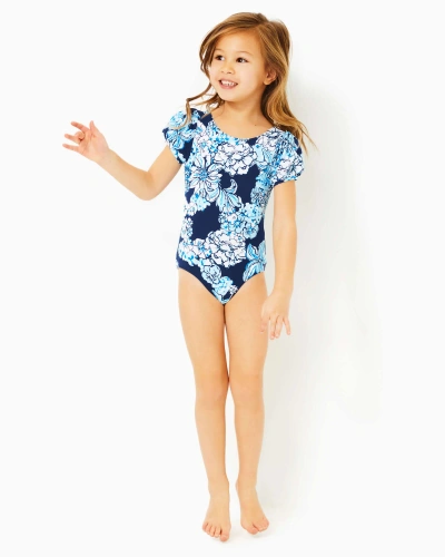 Lilly Pulitzer Girls Waterfall One-piece Swimsuit In Low Tide Navy Bouquet All Day Swim