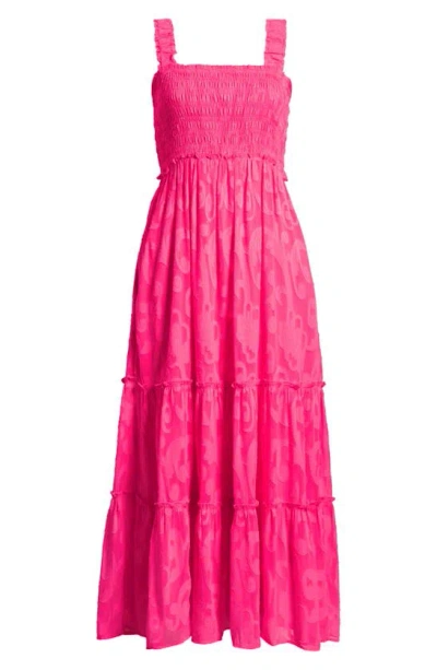 Lilly Pulitzer Hadly Smocked Maxi Dress In Roxie Pink Poly Crepe Swirl Clip