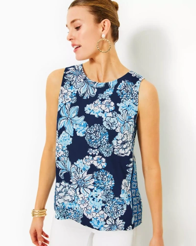Lilly Pulitzer Iona Sleeveless Top In Low Tide Navy Bouquet All Day Engineered Woven Top