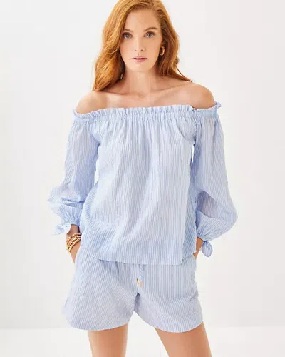 Lilly Pulitzer Jamielynn Off-the-shoulder Top In Jacaranda Blue Ltwt Oxford Stripe
