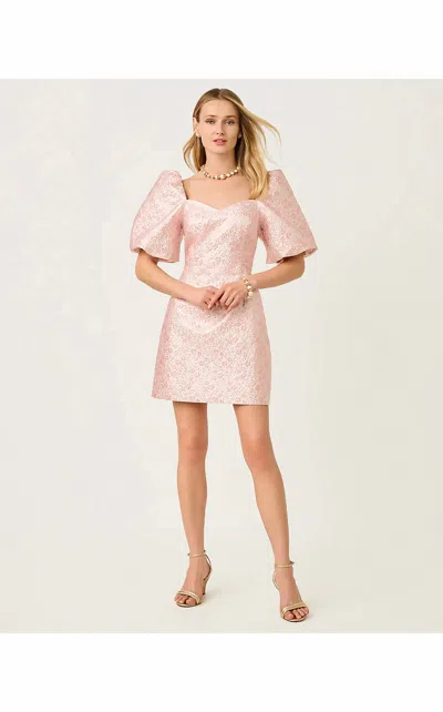Lilly Pulitzer Justina Puff Sleeve Skirted Romper In Conch Shell Pink Ritsy Ditsy