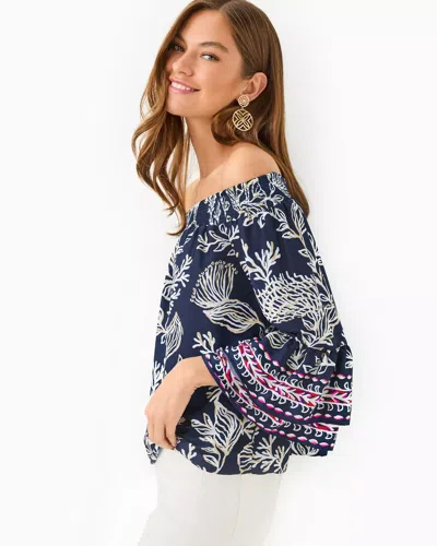Lilly Pulitzer Kaori Off-the-shoulder Top In Low Tide Navy Coastal Locale Engineered Woven Top