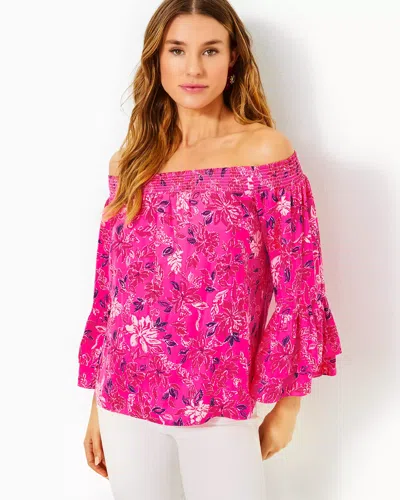 Lilly Pulitzer Kaori Off-the-shoulder Top In Passion Fruit Pink Giraffic Park