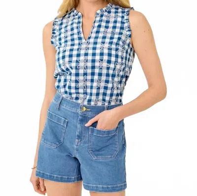 Lilly Pulitzer Kavalla Sleeveless Ruffle Top In Starlight Navy Starfishing Embroidered Gingham In Multi