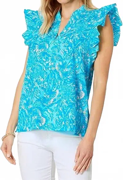 Lilly Pulitzer Klaudie Ruffle Sleeve Cotton Top In Surf Blue Coral Of The Story