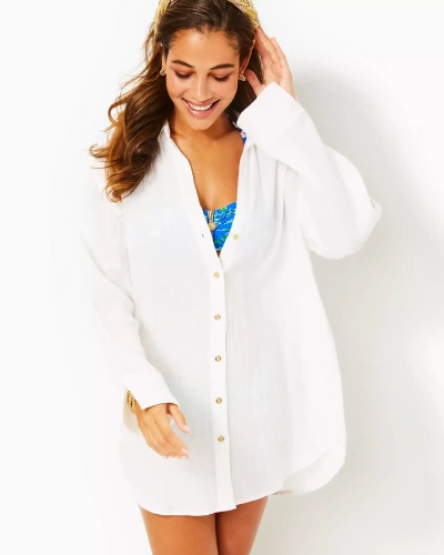 Lilly Pulitzer Kwitney Long Sleeve Cotton Cover-up In Resort White