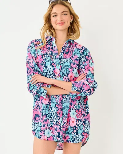 Lilly Pulitzer Kwitney Long Sleeve Cover-up Shirt In Starlight Navy In All Her Glory In Multi