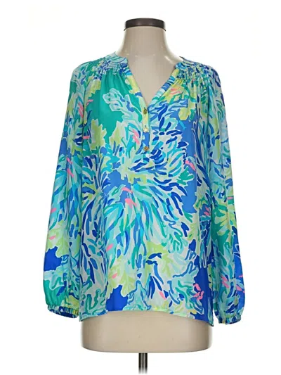 Pre-owned Lilly Pulitzer Long Sleeve Silk Top Blue Plunge Neckline Tops