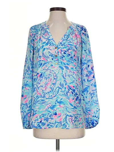Pre-owned Lilly Pulitzer Long Sleeve Silk Top Blue Plunge Neckline Tops