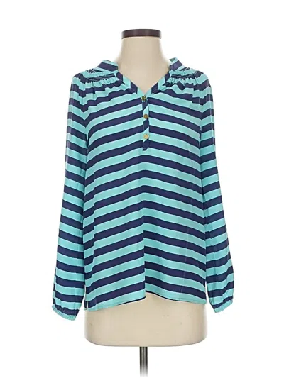 Pre-owned Lilly Pulitzer Long Sleeve Silk Top Blue Stripes Pattern Tie Neck Tops