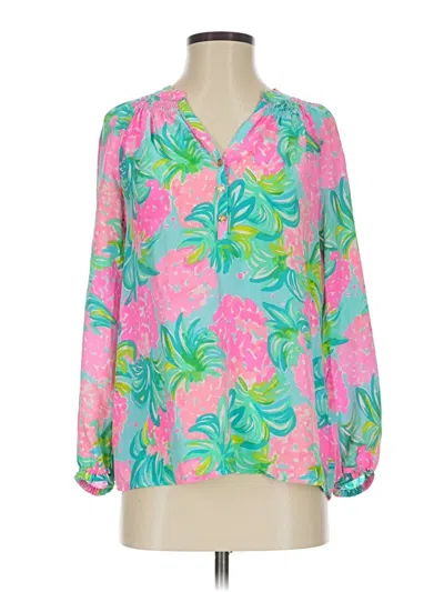 Pre-owned Lilly Pulitzer Long Sleeve Silk Top Pink Floral Pattern V Neck Tops