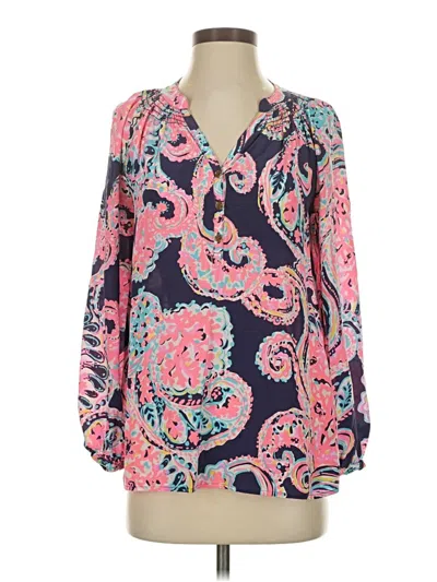 Pre-owned Lilly Pulitzer Long Sleeve Silk Top Pink Paisley Pattern Plunge Neckline Tops