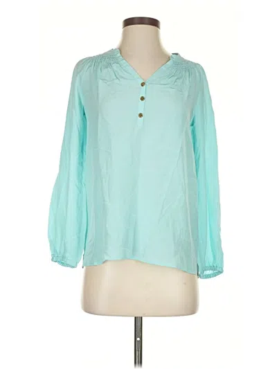 Pre-owned Lilly Pulitzer Long Sleeve Silk Top Teal Keyhole Neckline Tops In Blue
