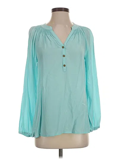 Pre-owned Lilly Pulitzer Long Sleeve Silk Top Teal Open Neckline Tops