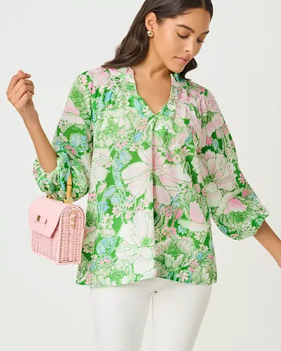 Lilly Pulitzer Lourdes Ruffle Top In Putting Green Poppyland In Multi