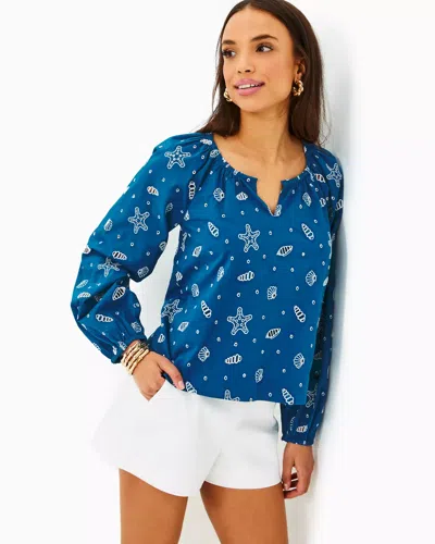 Lilly Pulitzer Maisha Eyelet Top In Barton Blue Shell Collector Embroidery