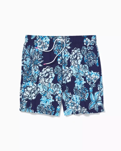Lilly Pulitzer Mens 6" Capri Swim Trunks In Low Tide Navy Bouquet All Day