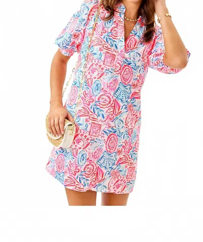 LILLY PULITZER MIALEIGH ELBOW SLEEVE LINEN PRINTED DRESS IN RESORT WHITE LIL SUN SEA SAND