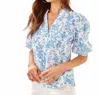 Lilly Pulitzer Mialeigh Elbow Sleeve Linen Top In Resort White Tall Tales In Blue