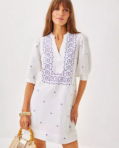 Lilly Pulitzer Mialeigh Linen Dress In Water Hyacinth Geo Criss Cross Embroidery