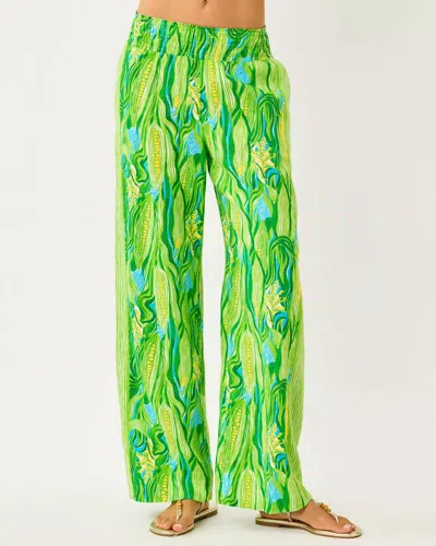 Lilly Pulitzer Mirabella Linen Palazzo Pant In Turquoise Tide Sweet Corn In Green