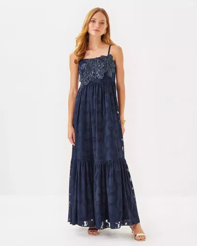 Lilly Pulitzer Mollylynn Clip Maxi Dress In True Navy Tangerine Dream Poly Clip Jacquard