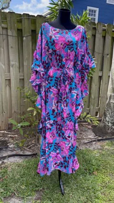 Pre-owned Lilly Pulitzer Monnae Caftan Maxi Silk Dress Orchid You Not L-xl $498 In Rhapsody Blue